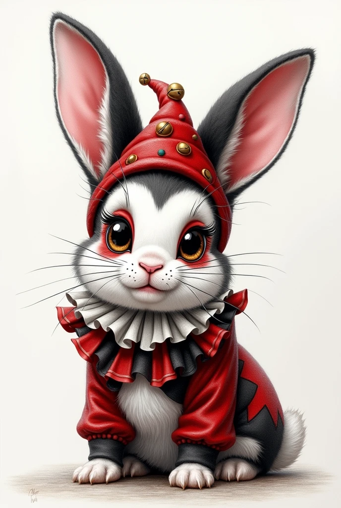 Draw a realistic little furry rabbit dressed as a harlequin with a hat and makeup in red and black colors in pencil drawing style