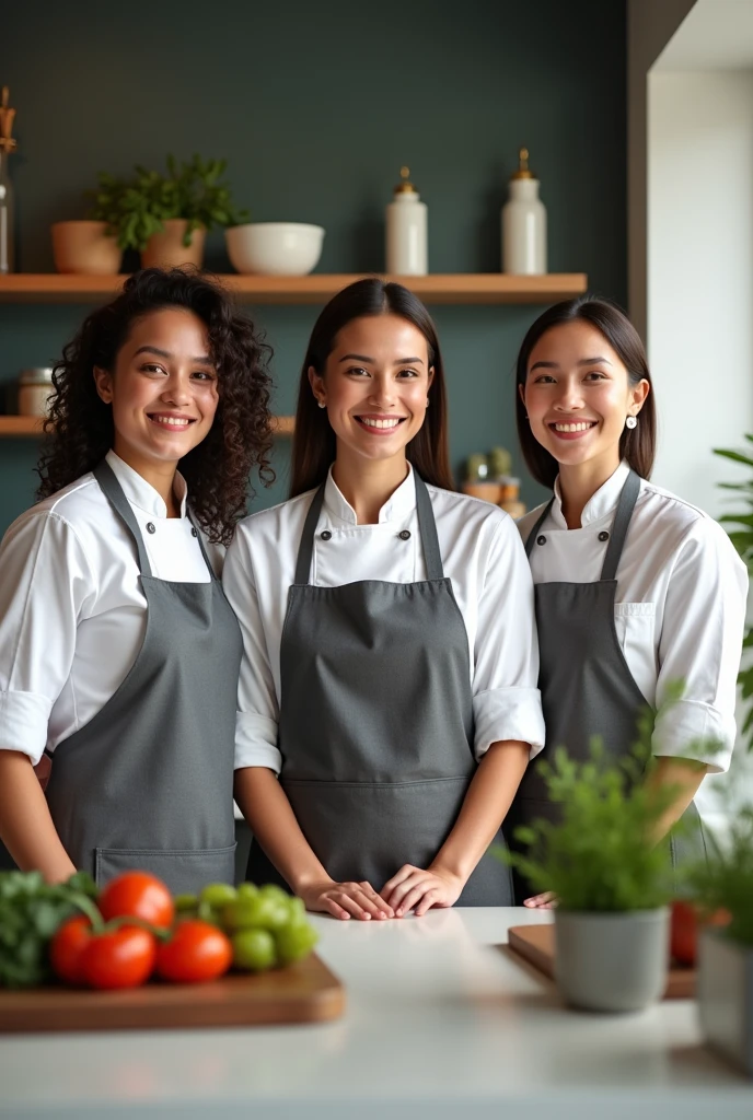 "A professional-looking, 3 American women, wearing a modern chef's coat and apron in a well-lit, stylish kitchen. She should appear friendly and confident, with a warm smile. The kitchen background should include sleek countertops, fresh ingredients, and soft natural lighting, creating a welcoming and inspiring atmosphere."