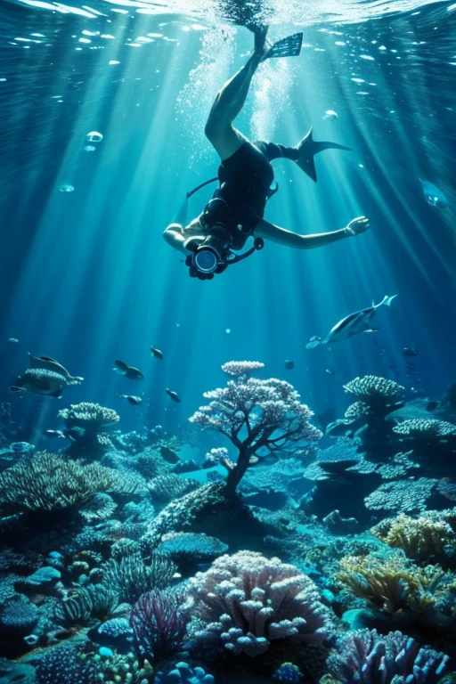 Photos under the sea,Drawing a beautiful underwater world,Best diving spots,Transparency,How beautiful!,Water representation,Movement of water,Microbubbles,realism,A beautiful diving spot that will captivate everyone,bright,diagonal configuration,Focus on the underwater world,Realistic,Exquisite underwater detail,Fantasy,dream-like,1 diver