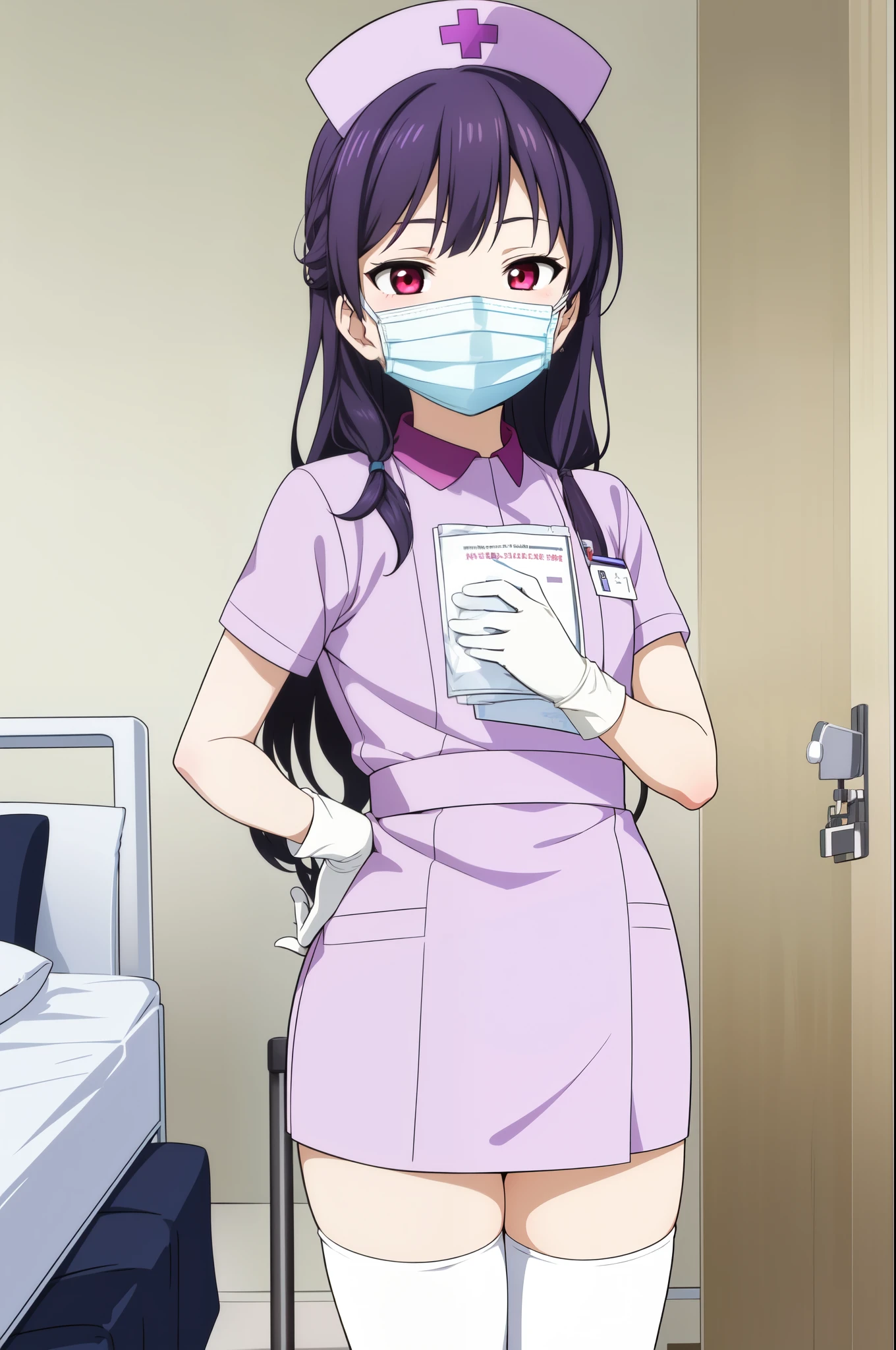 1woman, solo, nurse, white nurse cap, white nurse uniform, ((white legwear, zettai ryouiki)), white gloves, long hair, purple hair, red eyes, ((white surgical mask, covered nose)), standing, ((hospital room)), sharp outline, short sleeves, mature female, 35yo, best quality, masterpiece