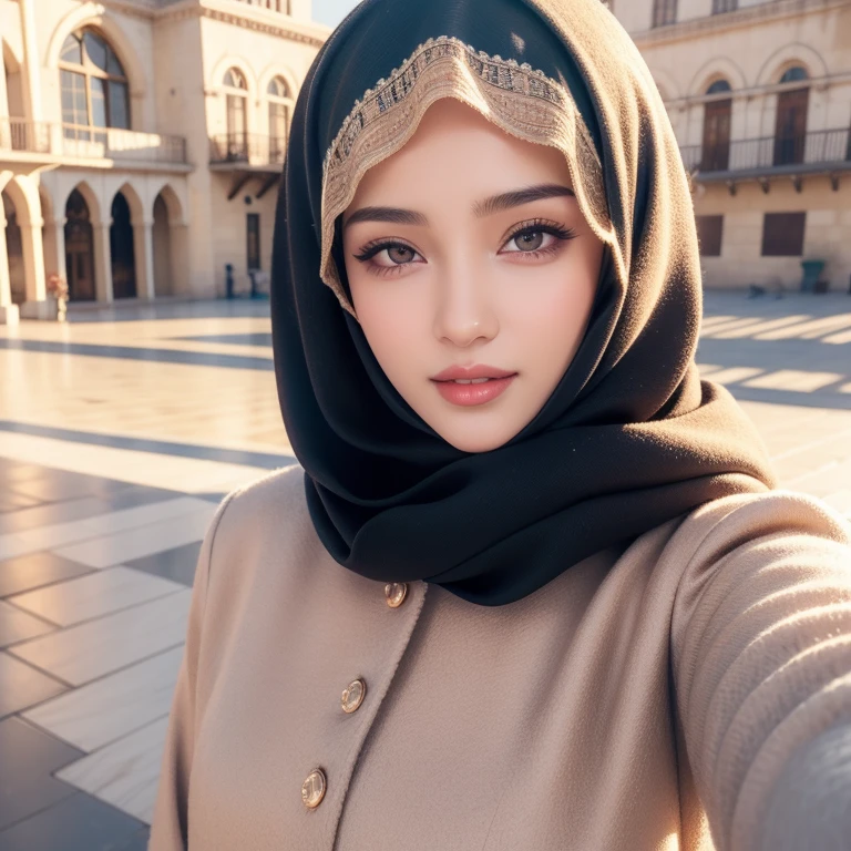 beautiful young woman, 1girl, majestic hijab outfit, detailed face, alluring eyes, full lips, outdoor setting, selfie, soft lighting, warm colors, best quality, 4k, 8k, highres, masterpiece, ultra-detailed, realistic, photorealistic, photo-realistic, cinematic, beautiful detailed eyes, beautiful detailed lips, extremely detailed face and eyes, long eyelashes, intricate clothing textures, elegant posing, warm smile, romantic atmosphere