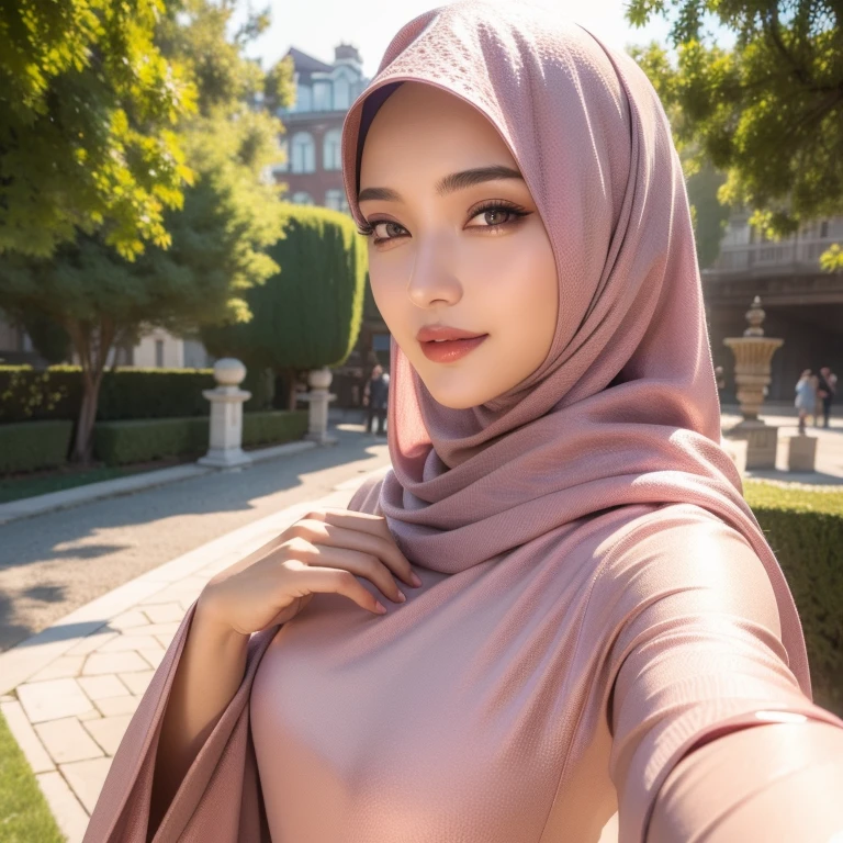 beautiful young woman, 1girl, majestic hijab outfit, detailed face, alluring eyes, full lips, outdoor setting, selfie, soft lighting, warm colors, best quality, 4k, 8k, highres, masterpiece, ultra-detailed, realistic, photorealistic, photo-realistic, cinematic, beautiful detailed eyes, beautiful detailed lips, extremely detailed face and eyes, long eyelashes, intricate clothing textures, elegant posing, warm smile, romantic atmosphere