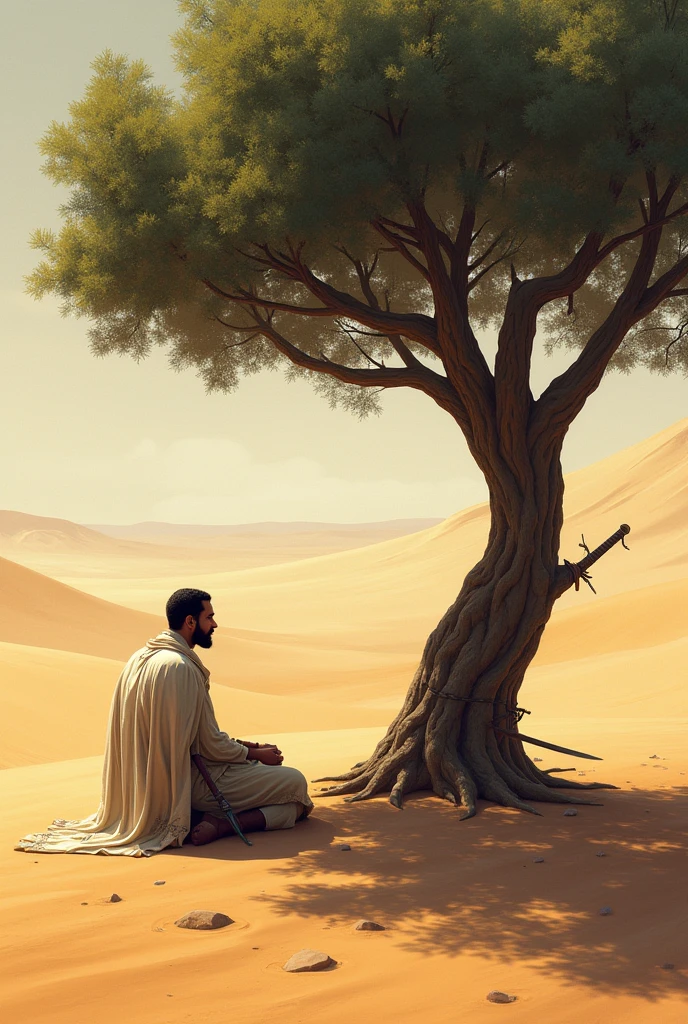 A man sits under a tree in the desert and another man with a sword asks him 