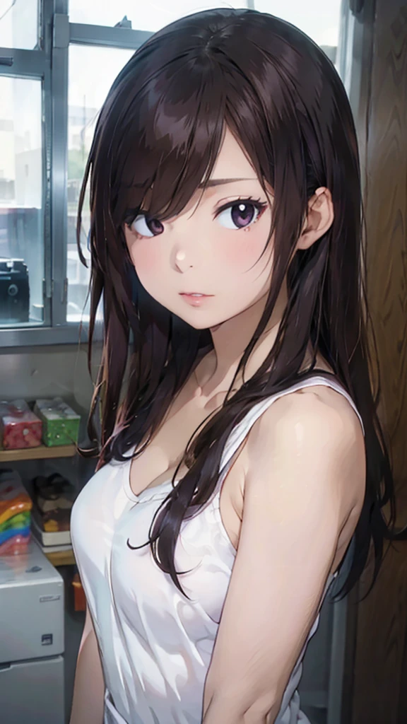 1 girl,standing,Cute, mature women,sexy tanktop,realistic skin, beautiful face,saggy breast, nipple out,muted colours,pale white skin, unreal engine,black hair, long hair, (hair over one eye:1.4), Messy hair,hair between eyes ,sleepy eyes,pubic hair pussy,dense pubic hair, blush-on, pucker lips.