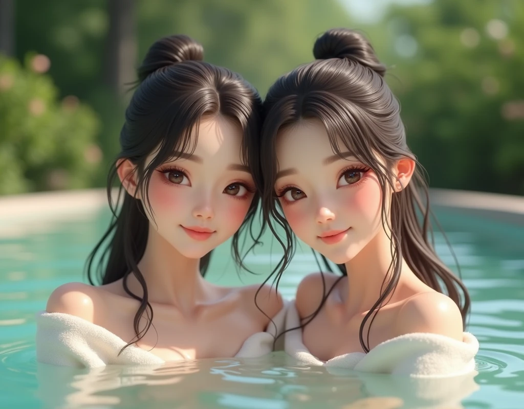 Ultra 8K CG, picture-perfectionな顔, perfectionな顔, Beautiful Face, Realistic, 最high quality, masterpiece, Ultra-high resolution, (Realistic:1.4), Raw photo, Very detailed, perfectionな解剖学,hyperRealistic, masterpiece, high quality, 最high quality, perfection, clean, It's all complicated, (Identical twin sisters), Couple, Shiny skin, (towel:1.2), (Mr.々Hair color), (Mr.々Hairstyle) Enter the hot spring, Open-air bath in summer, Flat Chest, View your viewers, A kind smile