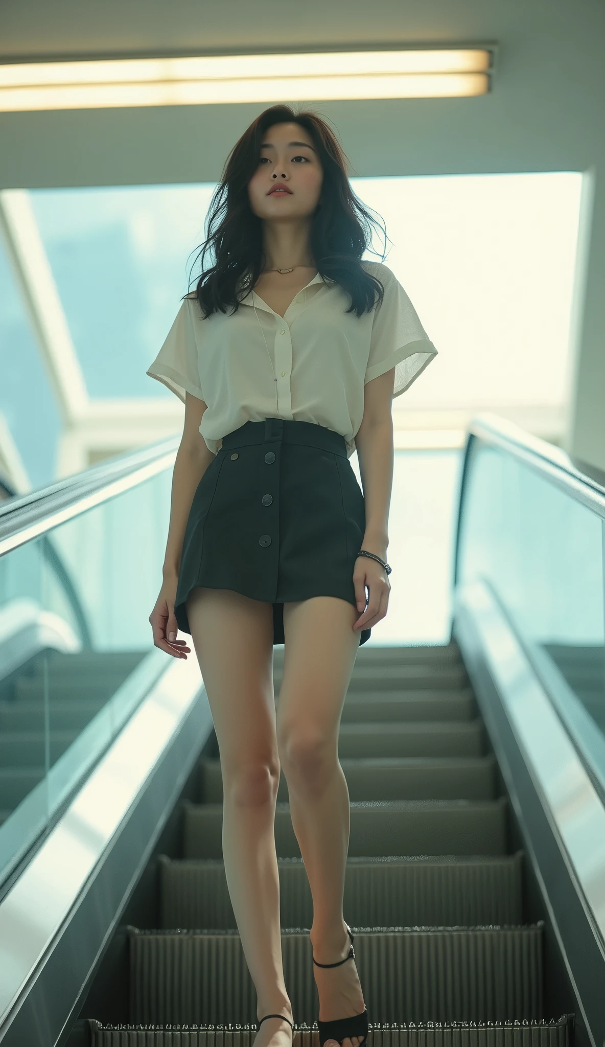 (masterpiece, best quality, 1girl, 4, japanese woman, semi-long black hair, wearing short sleeve blouse, mini skirt, riding an escalator, full body, natural light)