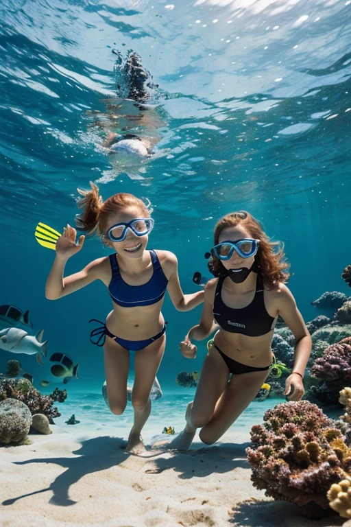 Happy skinny kids family scuba-diver sweden, with short ginger hair, dressed in light panties swimsuit, happy to pet fish, on a scorching summer day, in the lagoon on holidays.