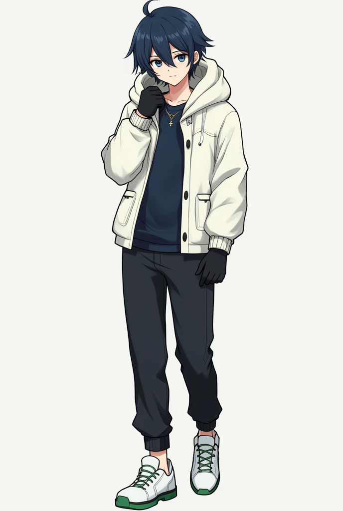 A male anime style character With slightly long, black hair with long hair between his eyes, big navy blue eyes, Jaketa Thick white jacket, black pants, white sneakers with green, and with black gloves.