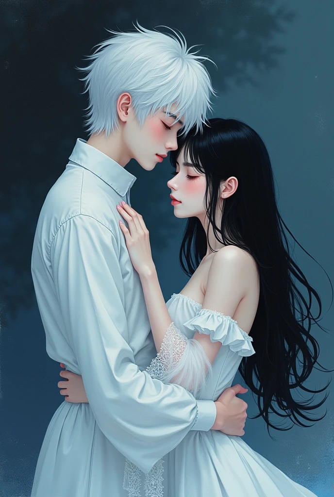 A boy white-hair hugs a girl Long black hair, white body, white clothes, 40 years and both of them look at the camera, theme color picture is a blue mixed black and white