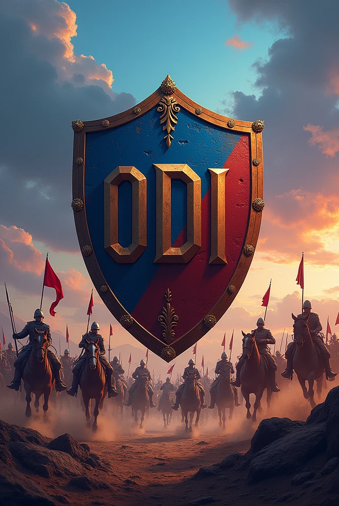 Shield with the word ODI in capital letters and blue and reddish tones, that includes a battle between 2 armies with horses, set in the year 1900