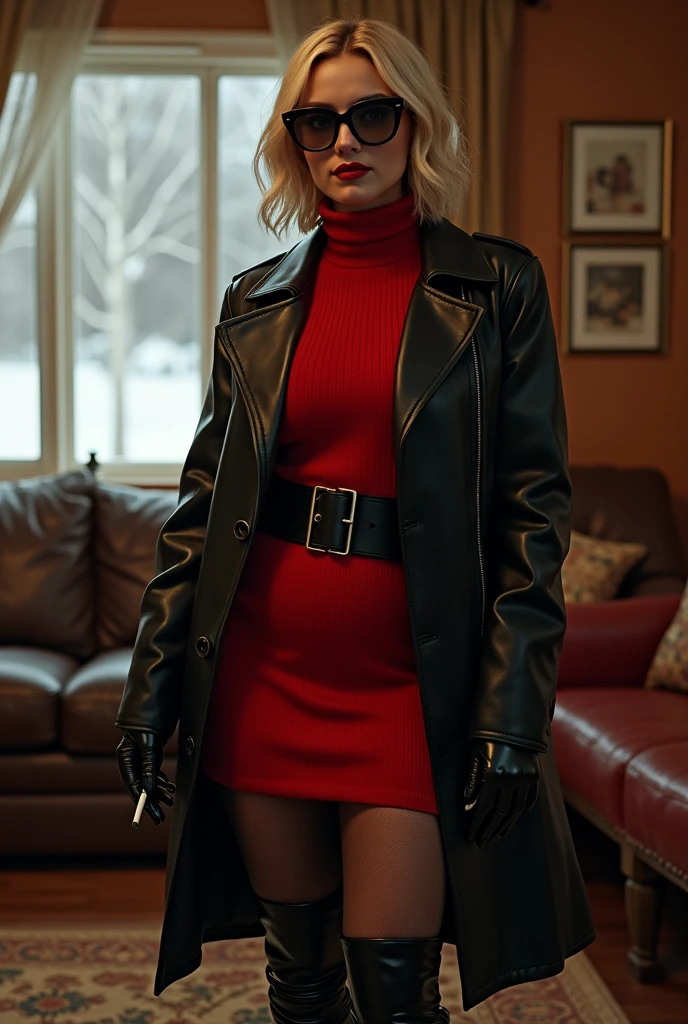 full body photo. 35 year-old voluptuous Iowa girl next door. kind face. short blonde layered paige style hair. wearing black rayban sunglasses. sharp red painted lips. standing in family room of classic ranch house in Iowa. cloudy day. winter. snowfall. Wearing full length black leather fitted coat. red turtleneck body conforming dress. black leather waist cincher.  glossy dark pantyhose and black leather thigh high, high heeled boots. Long black tight fitted leather gloves.  smoking a cigarette. eye contact. seductive expression. 