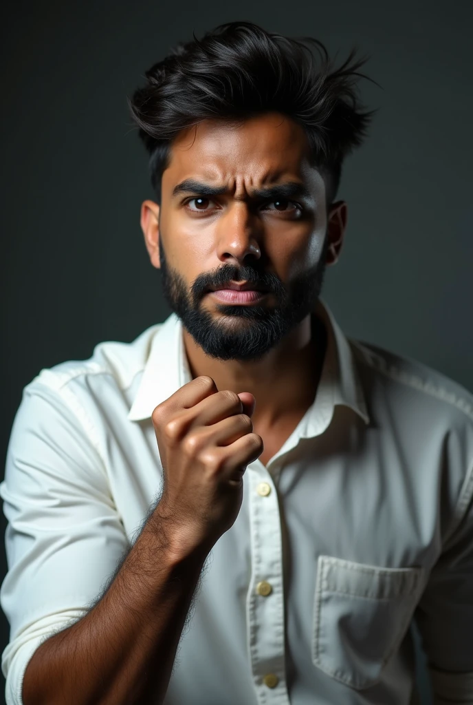 Angry young indian man mouth shut side view with white shirt upper body only with light beard with fist on chest
