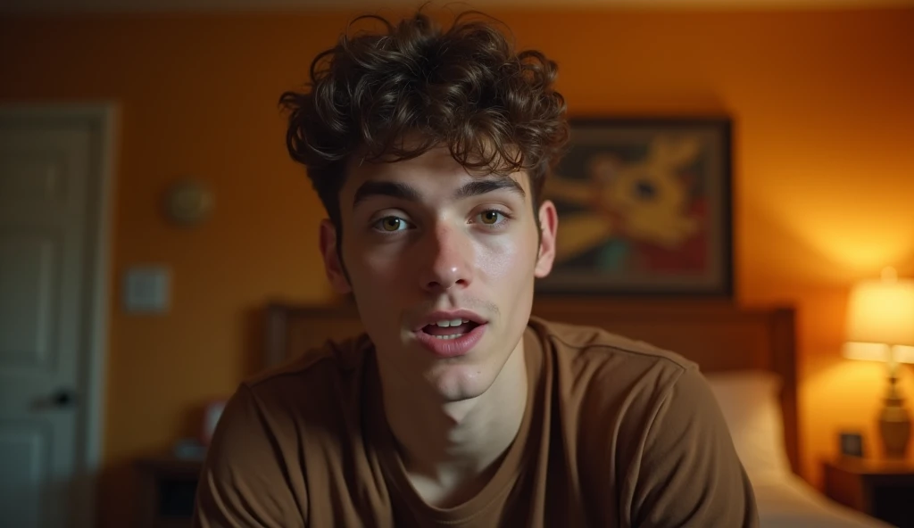 A highly realistic, high-contrast, 8K HD, detailed, hyper-detailed image of a young man from the previous image, shown from the waist up, speaking directly to the camera. The scene is set in the same cozy, American-style room with warm, orange lighting. The man's face is clearly visible, with a neutral expression as he engages in conversation. His curly brown hair and brown t-shirt are distinct and consistent with the previous image. The background remains simple, with soft shadows to keep the focus on the man as he speaks, creating an intimate and direct connection with the viewer.