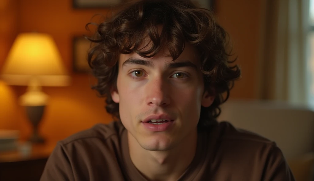 A highly realistic, high-contrast, 8K HD, detailed, hyper-detailed image of a young man from the previous image, shown from the waist up, speaking directly to the camera. The scene is set in the same cozy, American-style room with warm, orange lighting. The man's face is clearly visible, with a neutral expression as he engages in conversation. His curly brown hair and brown t-shirt are distinct and consistent with the previous image. The background remains simple, with soft shadows to keep the focus on the man as he speaks, creating an intimate and direct connection with the viewer.
