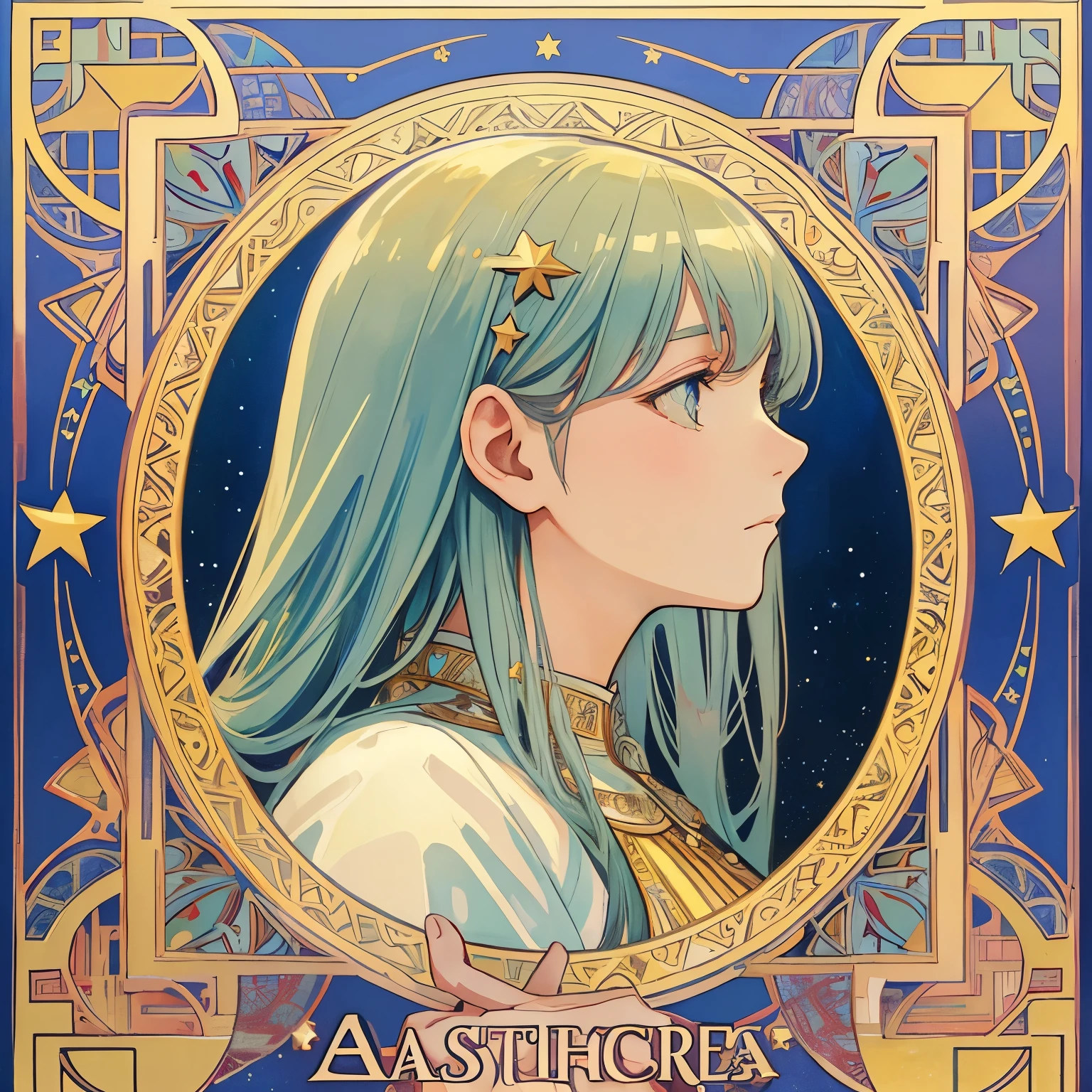 1 girl, (masterpiece, highest quality, highest quality, beautiful and aesthetic: 1.2), (1 girl: 1.3), delicate clothing, square picture frame, ((face)), sharp pupils, cool face, Alphonse Mucha's, Traditional Arab dress, color hairstyle, Ultra-detailed, Soft Light, Gentle colors, solo, dynamic, (((star patterns in the background))), profile, アクセサリー,