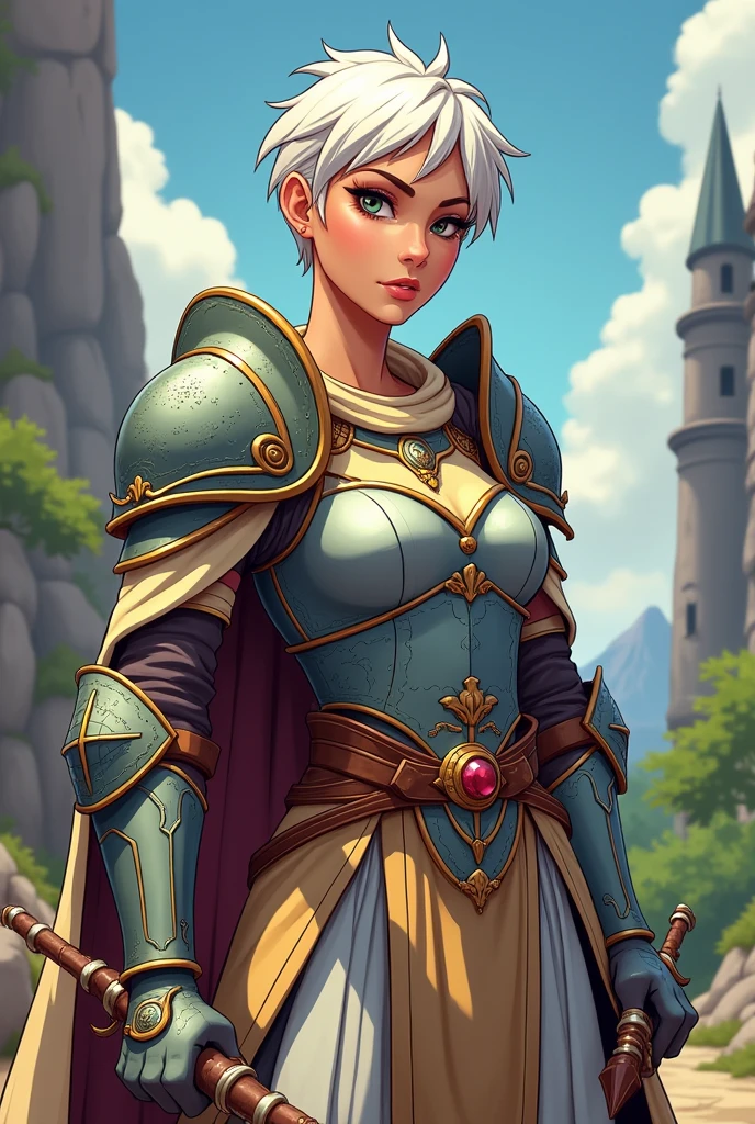 Create a stylized D&D female cleric with short white hair, wearing light armor that allows for agility yet still provides protection. She wields a small sword in one hand, and her overall design should reflect strength and wisdom. Her armor should have intricate details, particularly around the shoulders and chest, but not bulky. Aim for a stylized 2D animation look, reminiscent of Western animation like Vox Machina, with bold outlines, simplified shading, and vibrant colors. Avoid any realistic features, focusing on a more cartoonish yet detailed appearance