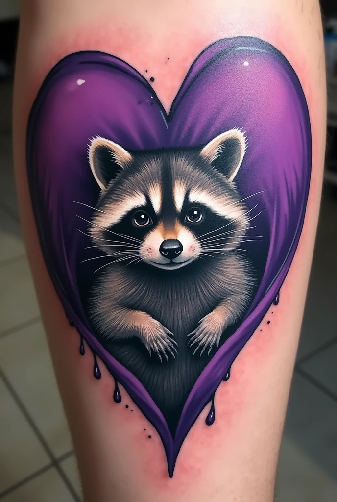 Tattoo of a purple heart with a raccoon inside