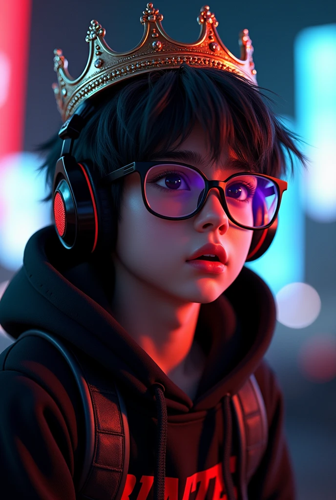 Create a high-definition, high-contrast, and high-color saturation RenderMan image of a teenage boy with (black hair), wearing a black and (Red hoodie). He's equipped with cool gaming headphones, epic pro glasses, and a crown. The boy is looking slightly to the left with a shocked expression
."