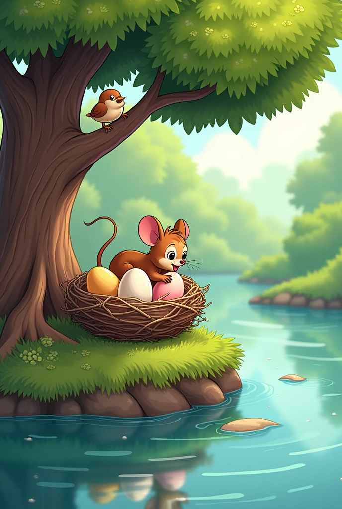 In cartoon style" A small snack eat the egg from birds nest,in the nest having three eggs, nest live on the branch of tree,two birds are present sitting on the tree,size of birds are small, tree is present on the bank of the lake and is available in the middle of the forest.
