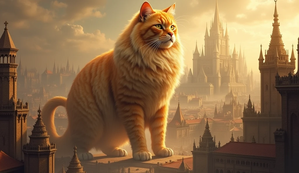 A cat, Color is yellow, So big it could swallow a poem, Holy,  Seongsu, 크기가 도시만한 고양이god, Rich medieval ancient city background, It is 100m in size, god화속세상, high detail, 8k, photorealistic, hyper realistic, god