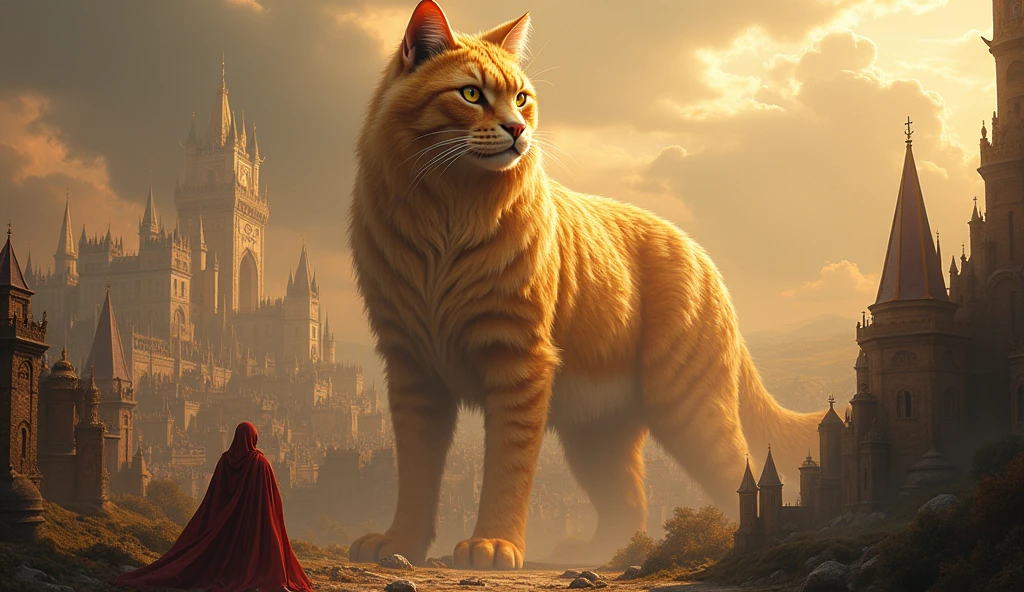 A cat, Color is yellow, So big it could swallow a poem, Holy,  Seongsu, 크기가 도시만한 고양이god, Rich medieval ancient city background, It is 100m in size, god화속세상, high detail, 8k, photorealistic, hyper realistic, god