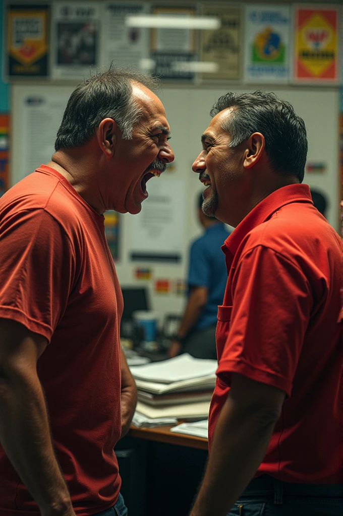 Pablo Marçal shouting at Boulos in a red shirt, MST office