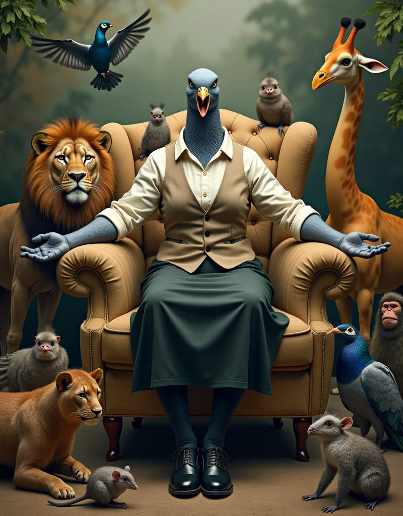 ((Highest quality)), ((Surrounded by animals)), (photograph), (front), (Short sleeve:2), (Crossing one's limbs), (knee-length black skirt:1.2), 大きく口を開いているグレーの女性のハトがオフホワイトで襟付きの半そでシャツに薄茶色のベストを着てknee-length black skirtに濃い緑の靴下と黒の靴を履いて、He is sitting cross-legged in a plush chair with his arms outstretched, Lion, giraffe, mouse, Peacock, Parrot, Peacock, The monkeys and elephants in the group are arranged with purpose and intent., Muscular grey female pigeon、photographのようなリアルな画像。