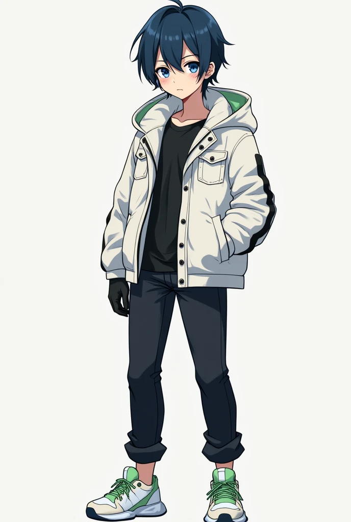 A male anime style character With slightly long, black hair with long hair between his eyes, big navy blue eyes, Jaketa Thick white jacket, black pants, white sneakers with green, and with black gloves.