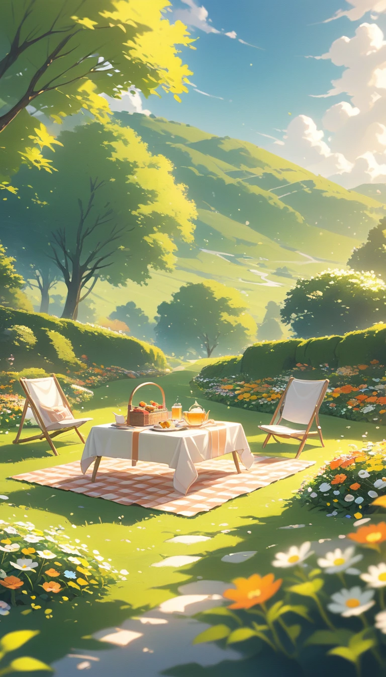 ultrawide landscape Afternoon Tea, Flower garden Cozy,Orange Pink ,picnic , There are no human characters,No people