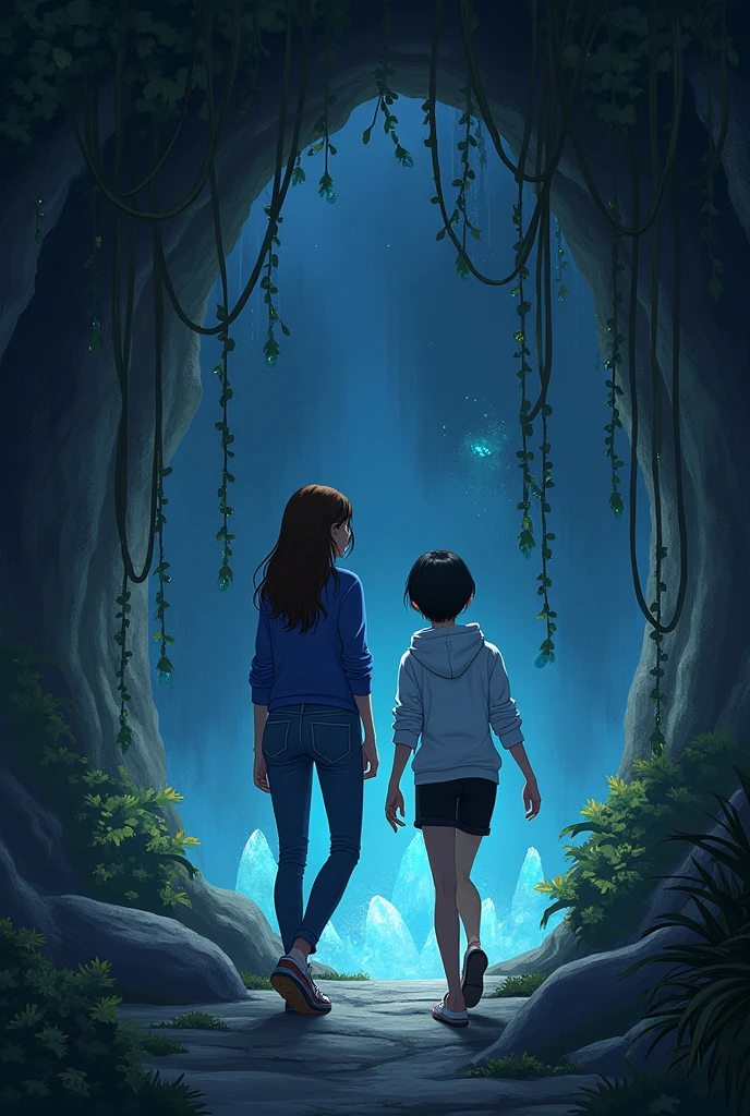 Inside a mysterious cave near Mae Fah Luang University, two young women explore the dimly lit interior. The cave entrance is partially concealed by thick vines and adorned with glowing, ancient symbols. The interior is illuminated by faint, eerie light from bioluminescent fungi and crystals. One woman wears a blue shirt and jeans with long brown hair, and the other wears a white hoodie and black shorts with short black hair. They are examining the entrance with expressions of awe and curiosity
