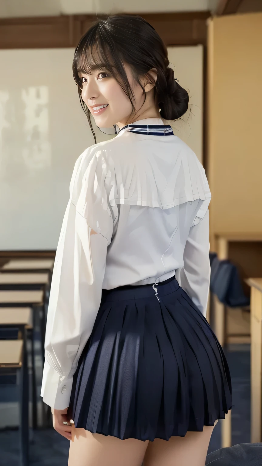 ((Highest quality、masterpiece、、Best image quality、Ultra-high resolution、Award-winning works)、(White blouse、Navy blue pleated skirt:1.8)、(Accurate anatomy:1.1)、(classroom:1.2)、blue sky、((Rear view、Show me your ass:1.8))、(Look back at me and smile:1.1)、Ultra-high resolution for bright and fair skin、The most detailed face、Ultra-high resolution detailed face、Ultra-high resolutionの髪の毛、Ultra-high resolutionの煌めく瞳、Beautiful face drawn in every detail、(Blurred Background:1.1)、very bright and vivid、beautiful japanese actress face、Dimly lit classroom:1.1)、((whole body:1.6))、Beautiful breasts