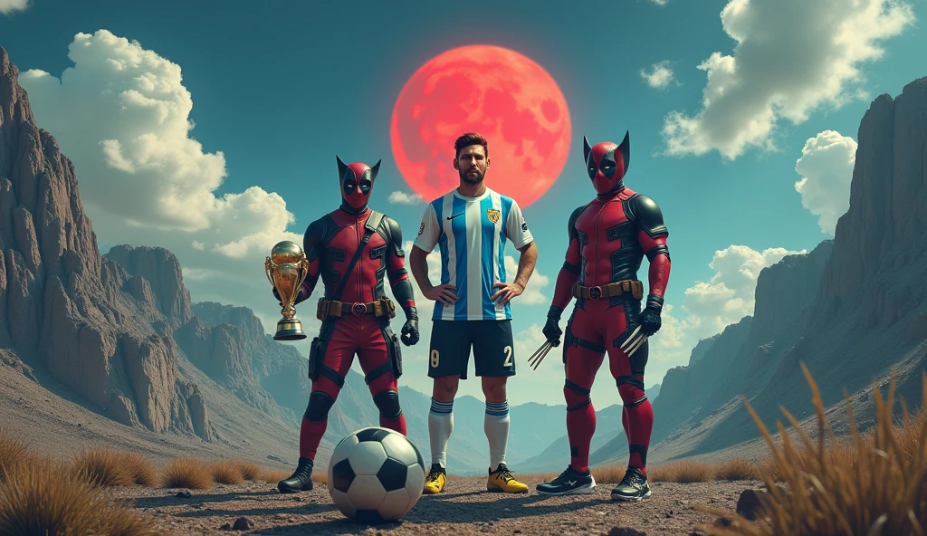 Generate an image showing Lionel Messi wearing the Argentina shirt next to the red Deadpool and the yellow Wolverine, The landscape must include an apocalypse or the end of the world and mountains in the background., under a blue sky with some fluffy clouds and a red moon . Messi must be holding a soccer ball on his left foot and also holding the World Cup in his right hand., While Deadpool is making funny poses as he knows how to do and Wolverine is next to Messi