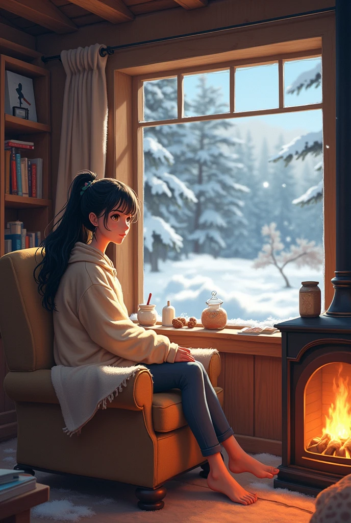 a cozy room with a warm fireplace, a cute girl looking outside at a snowy landscape through the window.