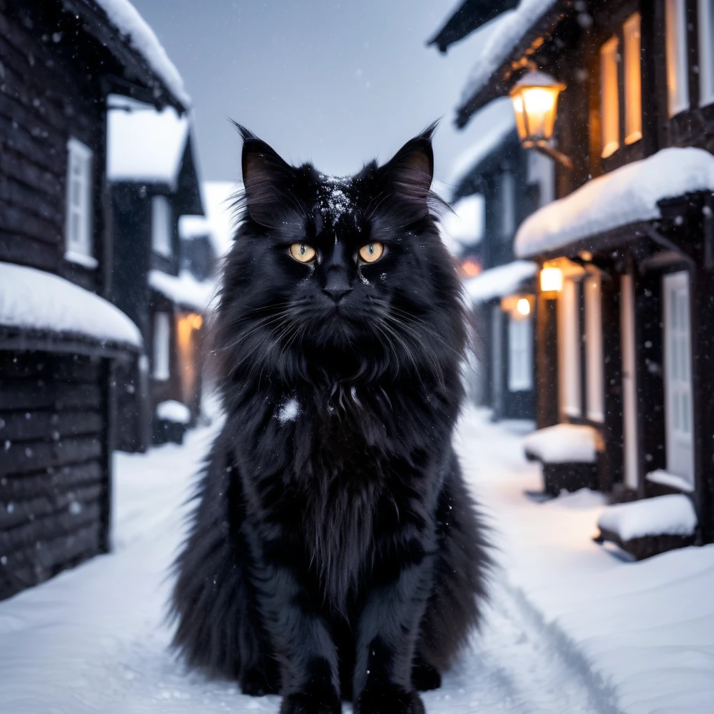 glamour shot of an angry all-black Norwegian Forest cat in the middle of a snow covered village street, masterpiece, best quality, an angry cat, winter, night, heavy snowfall, snowstorm