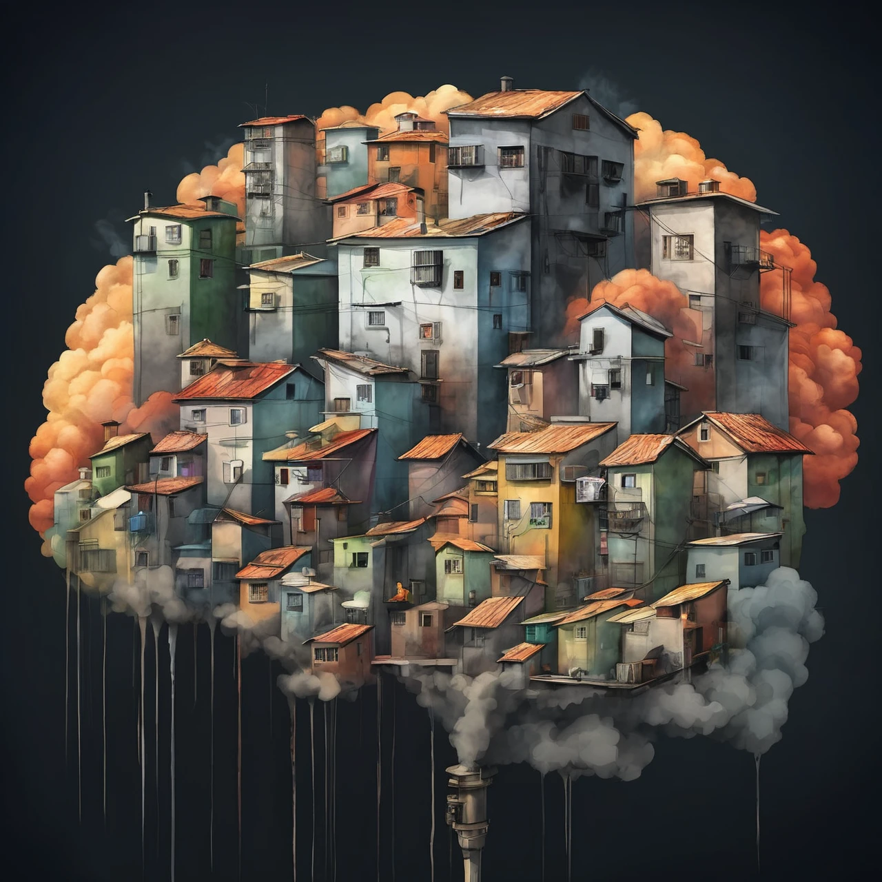 Gray Smoke human cloaca poor brain format intro of smalls caotic war houses in a favela miserable and ugly, full of graffiti and sewers, poverty. Dramatic image showing the poverty of thought. Aquarela style