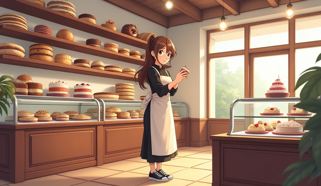 Large pastry shop with 4 shelves with work table for pastries, cookies, sandwiches, cupcakes, pretty girl ponytail clear forehead face without hair on brown face decorating cake, big eyes girl smile black blouse and brown apron honey colored eyes long white skirt black tennis shoes,