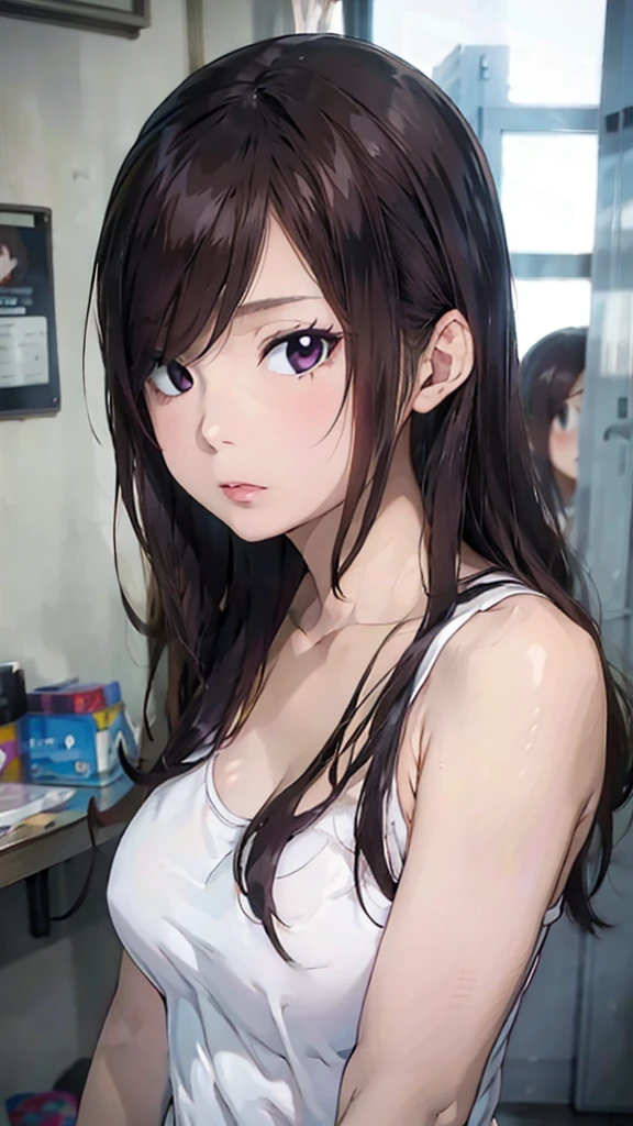 1 girl,standing,Cute, mature women,sexy tanktop,realistic skin, beautiful face,saggy breast, nipple out,muted colours,pale white skin, unreal engine,black hair, long hair, (hair over one eye:1.4), Messy hair,hair between eyes ,sleepy eyes,pubic hair pussy,dense pubic hair, blush-on, pucker lips.