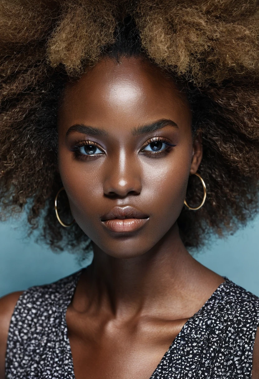 Anok Yai, model, American, dark skin, small lips, textured skin, sleepy black eyes, thin face, defined cheekbones, seductive expression, voluminous afro hair
