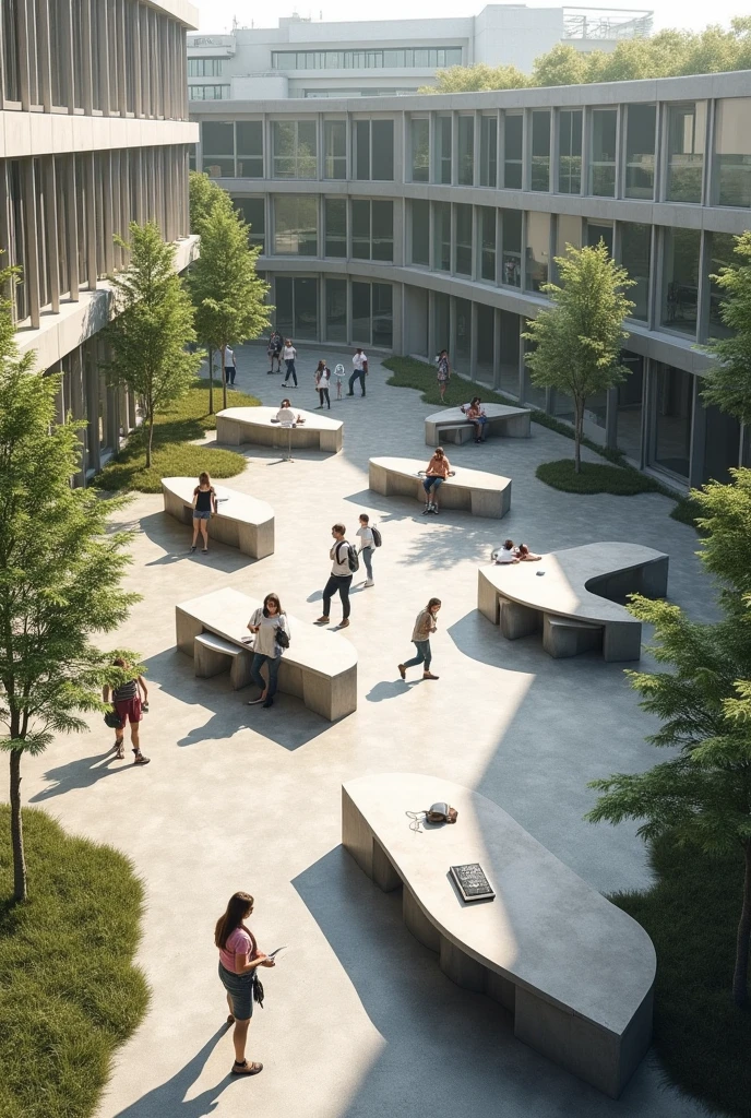 In an area of 500 square meters, a university courtyard is created where daily activities are carried out, generating spaces with changes in level using artificial topography and depressed topography with concrete furniture, tables and cell phone charger towers, defining the circulation with uneven surfaces using unfolded surfaces and uneven surfaces and concrete benches.
