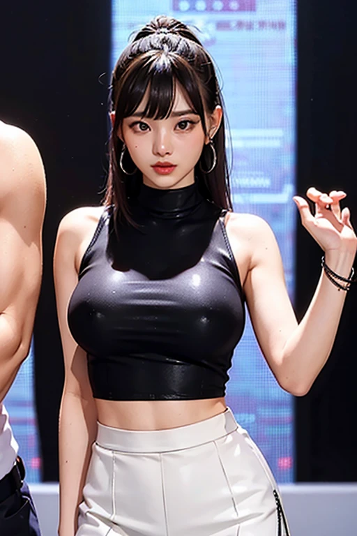 A very sexy girl, wearing sleeveless top , skirt, shiny skin, perfect body , high quality