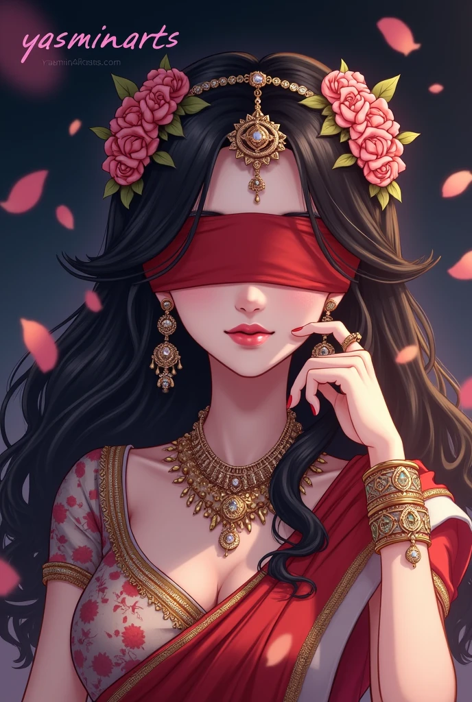 Create a anime style closeup image. Digital illustration featuring a woman with long, flowing dark hair adorned with intricate floral and jewel headpieces. She is wearing a red and white sari with gold embroidery and detailed jewelry, including necklaces, bracelets, and earrings. Her eyes are covered with a red blindfold, adding a sense of mystery. The background is dark with soft, glowing lights and floating petals, creating a mystical atmosphere. The text 'yasminarts' is written in a cursive, purple font in the top left corner.