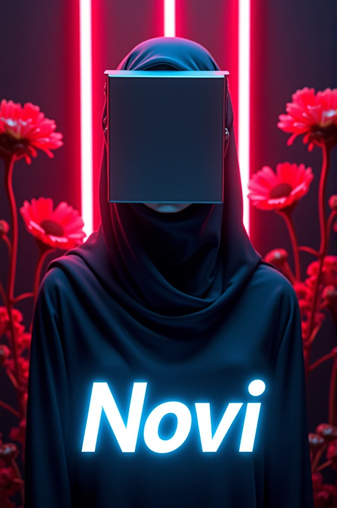 This image features a graphic design with a central character wearing a hijab., his face is hidden by a gray box. Around the character, there are neon light effects and red flowers, which looks like digital art rather than real flowers. The name “NOVI” is clearly displayed at the bottom of the image in white letters that have a shadow effect so that it looks three-dimensional.. Overall, The aesthetic of this image is bright and modern., with the contrast between the dark background and the bright neon colors