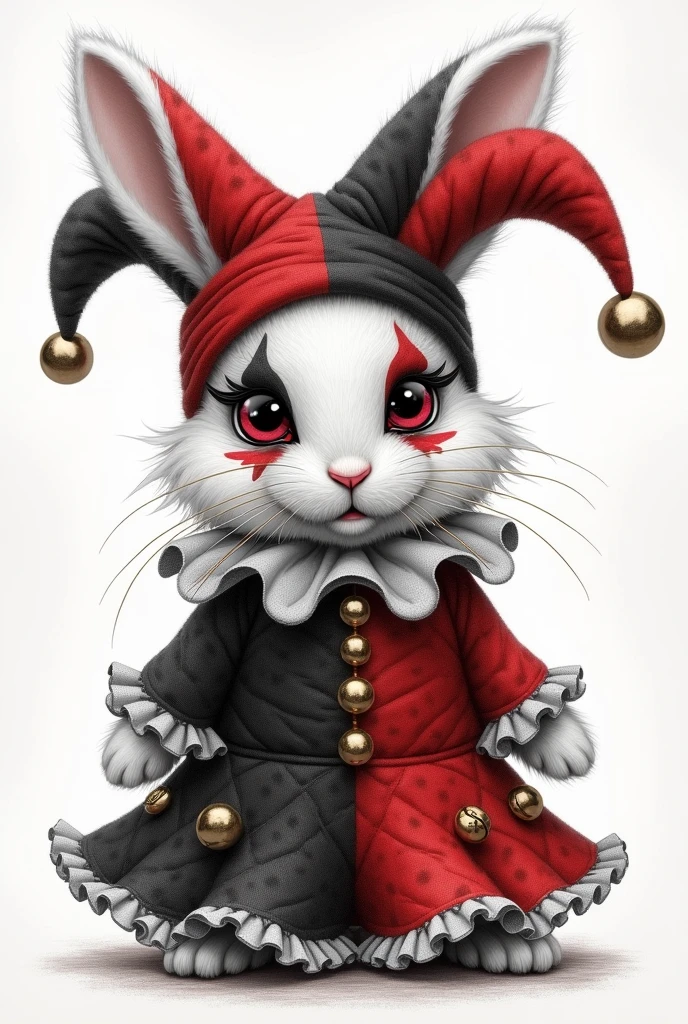 Draw a realistic little furry rabbit dressed as a harlequin with a hat and makeup in red and black colors in pencil drawing style 