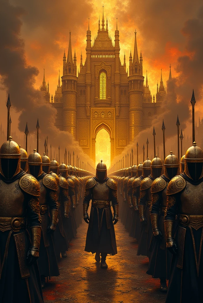 Create an army of men and put a background of an imposing golden castle in hell 