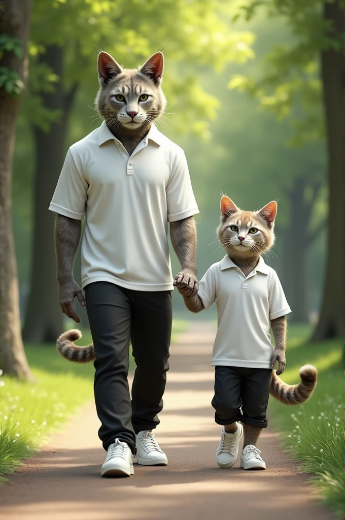 A humanoid masculine cat with his son walking in the park, wearing white shirts, black pants, and white rubber shoes, 8K
