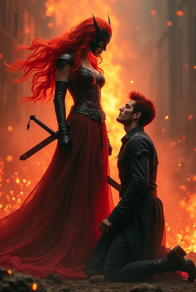 In the fiery atmosphere, a red-haired, masked princess who hides a sword behind her and throws angry looks like fire, and a very, very handsome prince kneels in front of her, begging and looking into the princess's eyes with timid eyes. in rhe very fiery atmosphere