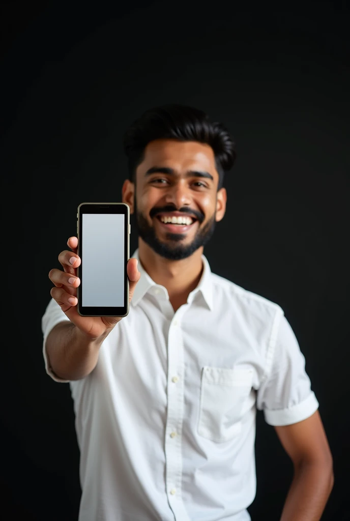 The image shows a young Indian man with hair, smiling and holding up a smartphone and screen of phone is ahead of camera in large image. He is wearing a white full shirt and appears to be happy and excited. The background is black