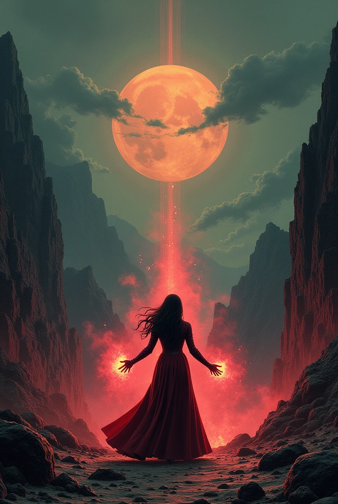 1970s dark fantasy book cover paper art dungeons and dragons style of wanda maximoff with minimalist far perspective --ar 9:16