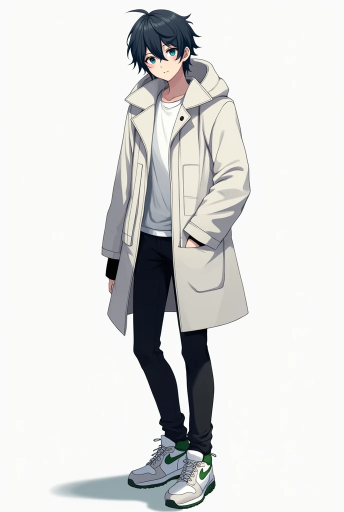 A male anime style character With slightly long, black hair with long hair between his eyes, big navy blue eyes, Jaketa Thick white jacket, black pants, white sneakers with green, and with black gloves.