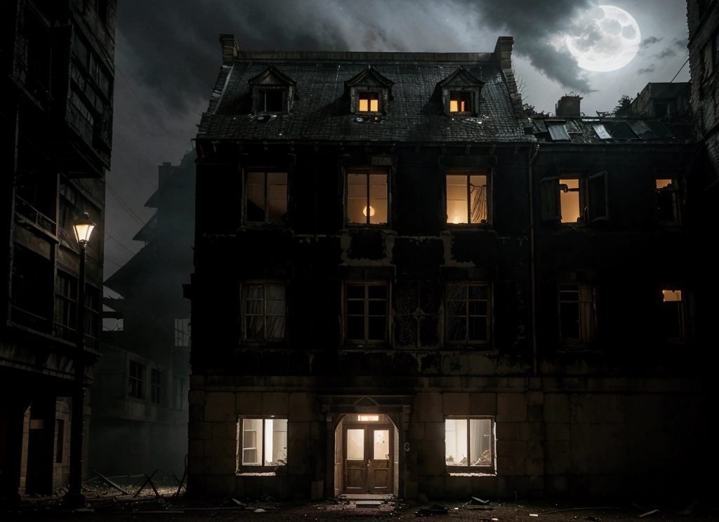 A completely dark old decrepit, four floor old dormitory shrouded in darkness and mist, The building appears ominous and abandoned, with broken windows and an overgrown exterior, The scene is lit by a dim, eerie moonlight that casts long shadows and emphasizes the buildings eerie atmosphere, make the camera shot from outside of the dormitory, can clearly see the structure of the building, night time